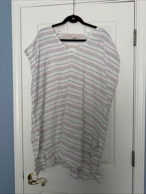 Linen red White & blue Striped V-Neck Women's Tunic / beach cover up